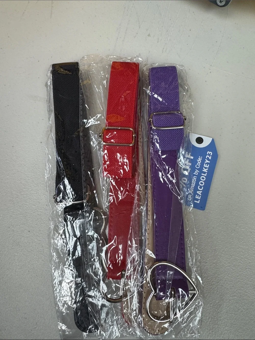 3 piece kids stretch belts Adjustable Heart Buckle Straps - Black, Red, Purple